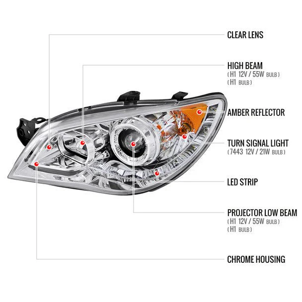 Spec-D LED Bar Style Projector Headlights w/ Chrome Base and Clear Lens 2006-2007 WRX / 2006-2007 STI w/ OEM Halogen Lights - Image 7